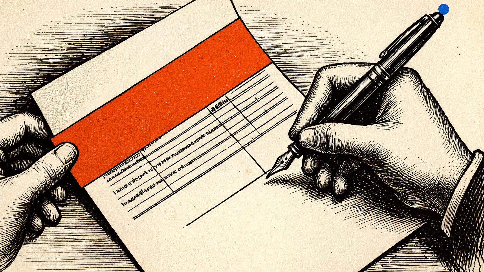 Dłoń podpisuje fakturę wiecznym piórem, a druga dłoń podsuwa pomarańczowy pasek papieru, który zasłania jedną linijkę dokumentu. Podmiana numeru konta